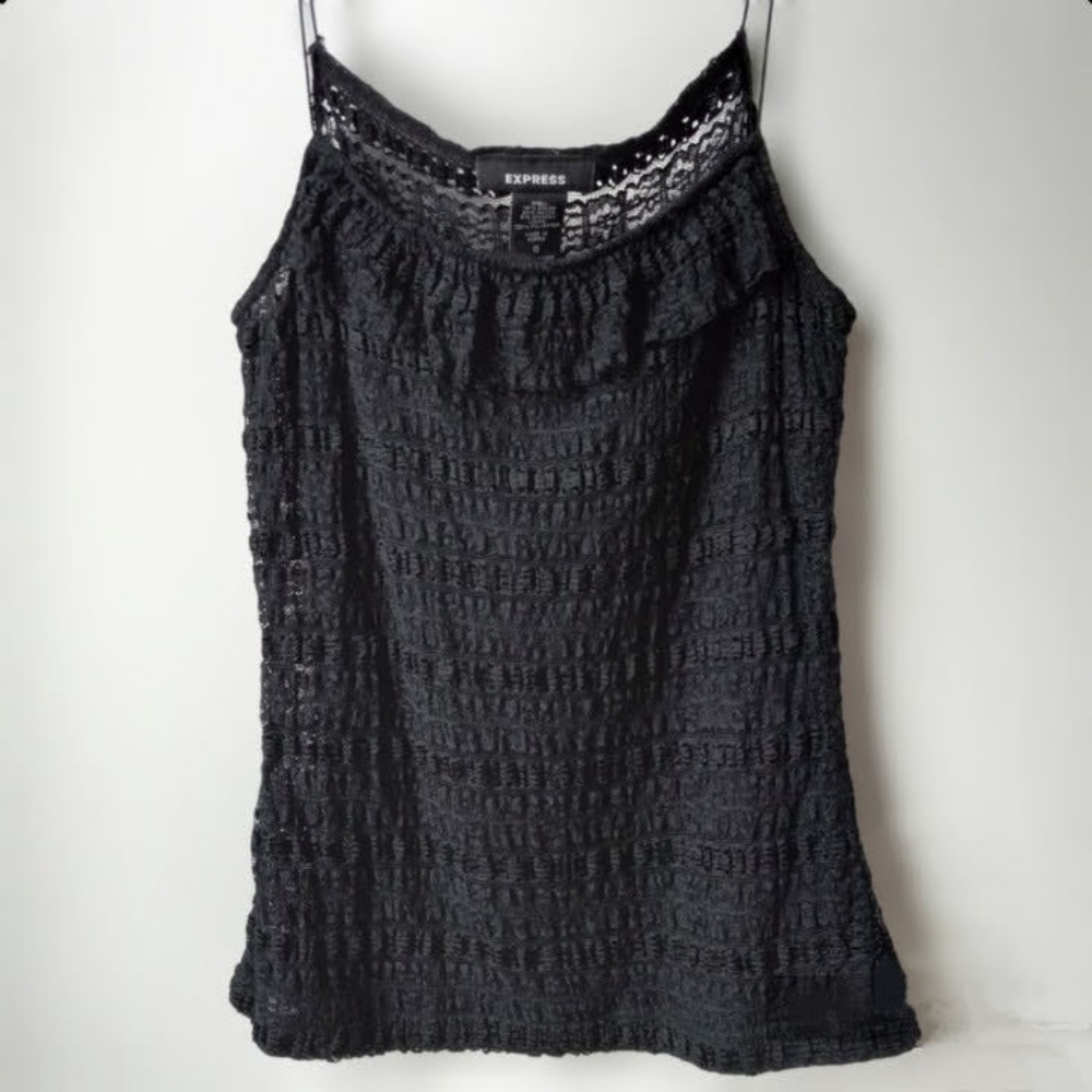 Vintage Express Y2K Lace Tank Top Black Small Ruffles Sheer Whimsigoth Festival